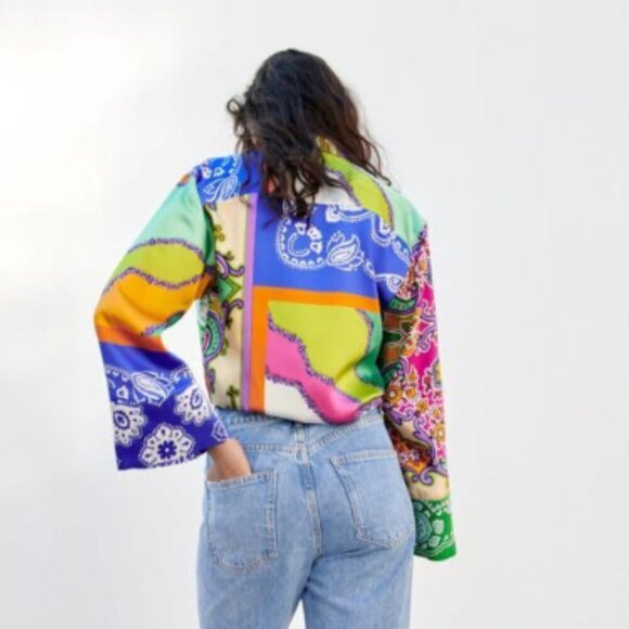 2/30 Zara Satin Paisley Patchwork Blouse Colorful Long Tie Bell Sleeves Large M - Picture 5 of 16